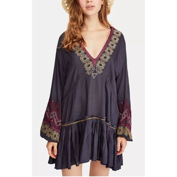 Free People Wild One Embroidered Peasant V Neck Mini Dress Black Size XS/Small - Picture 1 of 8